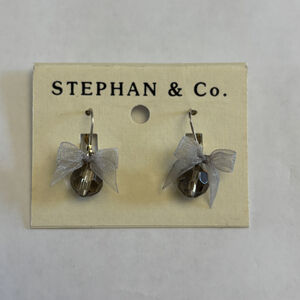 Stephan & Co. Smoky Crystal Bead Silver Ribbon Bow Drop Earrings NWT